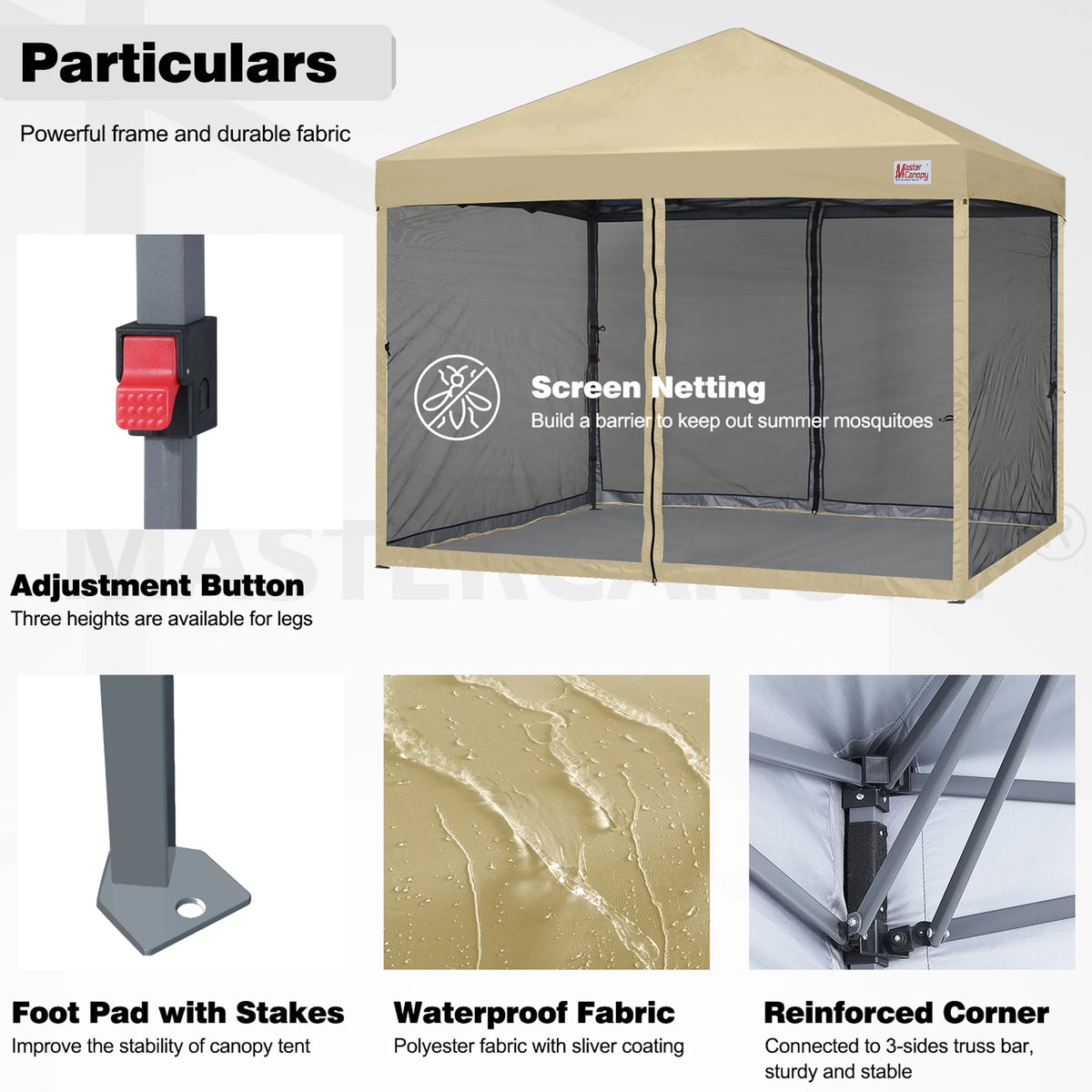 MASTERCANOPY 8' x 8' Pop-up Canopy Tent Outdoor Screen House Shelter with Mesh Walls, White