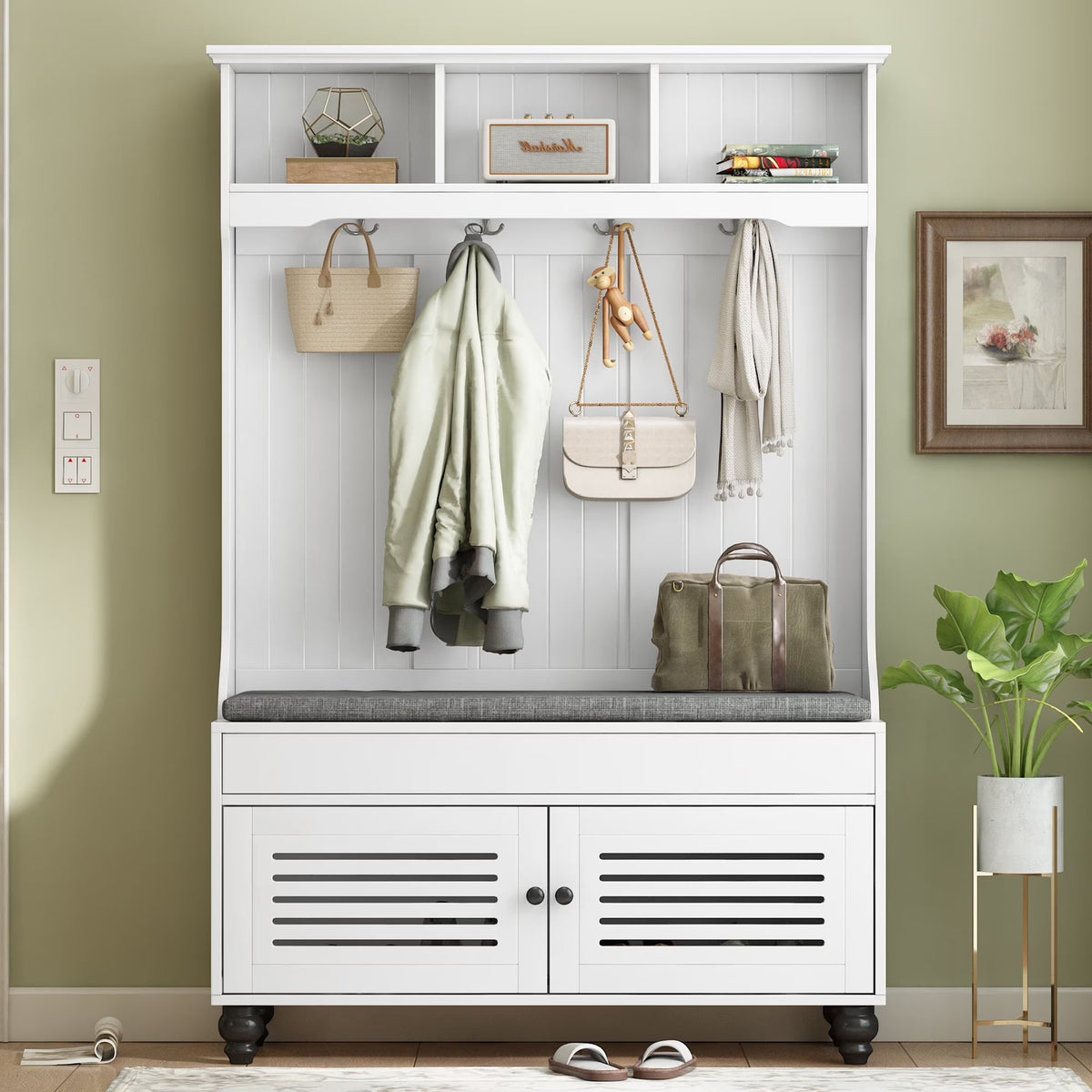 Royard Oaktree Hall Tree w/Bench, Cushion, and Shutter Cabinet Doors, Hallway Coat Rack with 4 Hooks