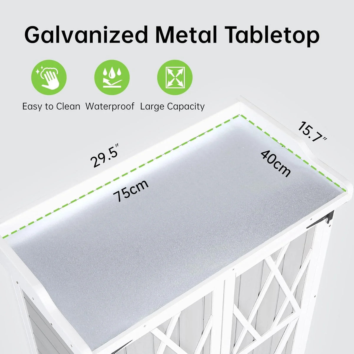 Outdoor Potting Bench with Storage - 37" Tall Wooden Garden Workstation with Galvanized Metal Tabletop, Adjustable Shelves & Double Doors for Backyard, Patio, Garden (White).