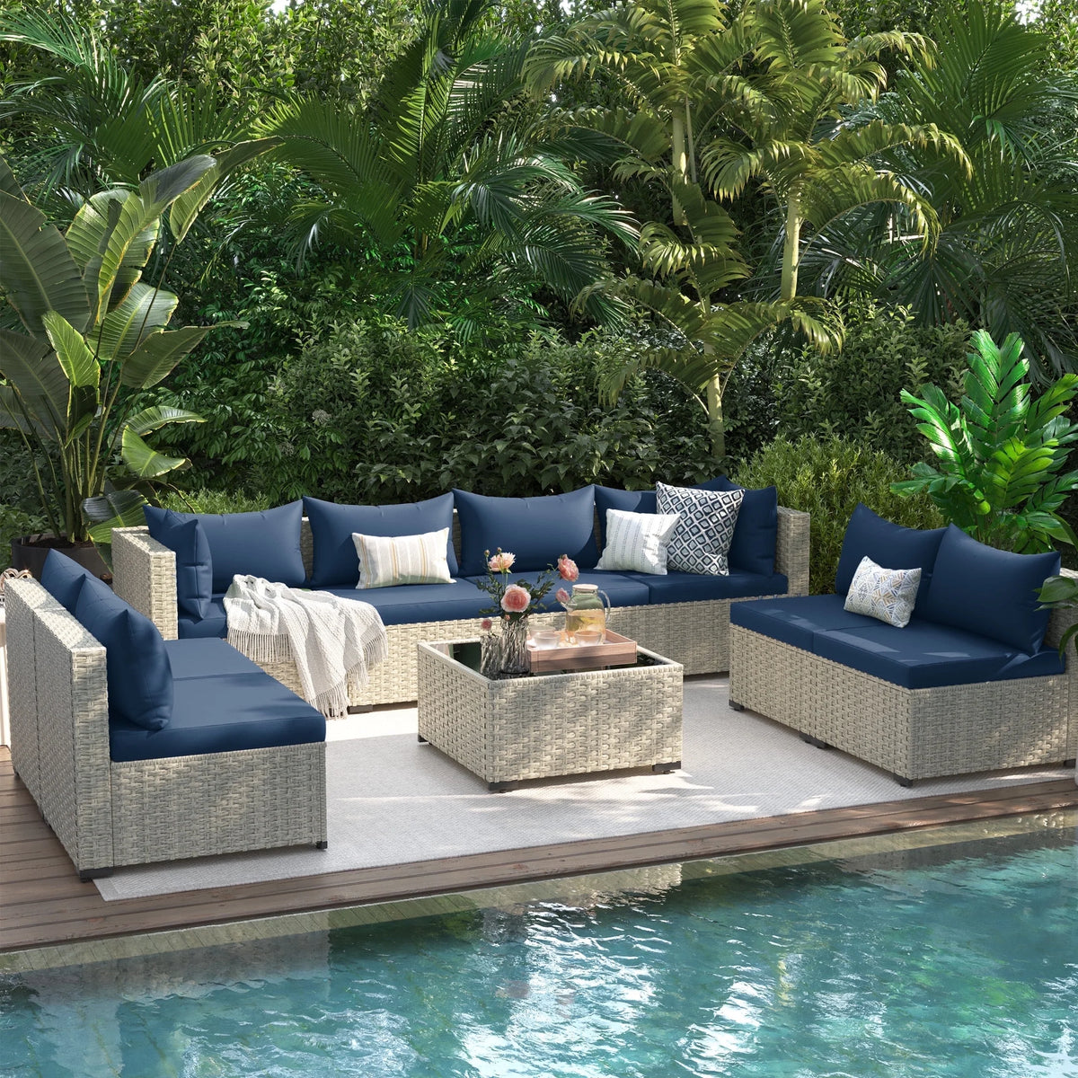 UDPATIO 7 Pieces Outdoor Patio Furniture Set, Outdoor Wicker Patio Conversation Set with Cushions for Backyard, Porch, Garden(Haze Blue)