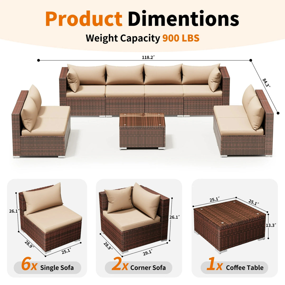 Techmilly Patio Furniture Sets, Modular Rattan Outdoor Patio Sectional Furniture Sofa Set, Wicker Patio Conversation Set for Backyard,7PCS