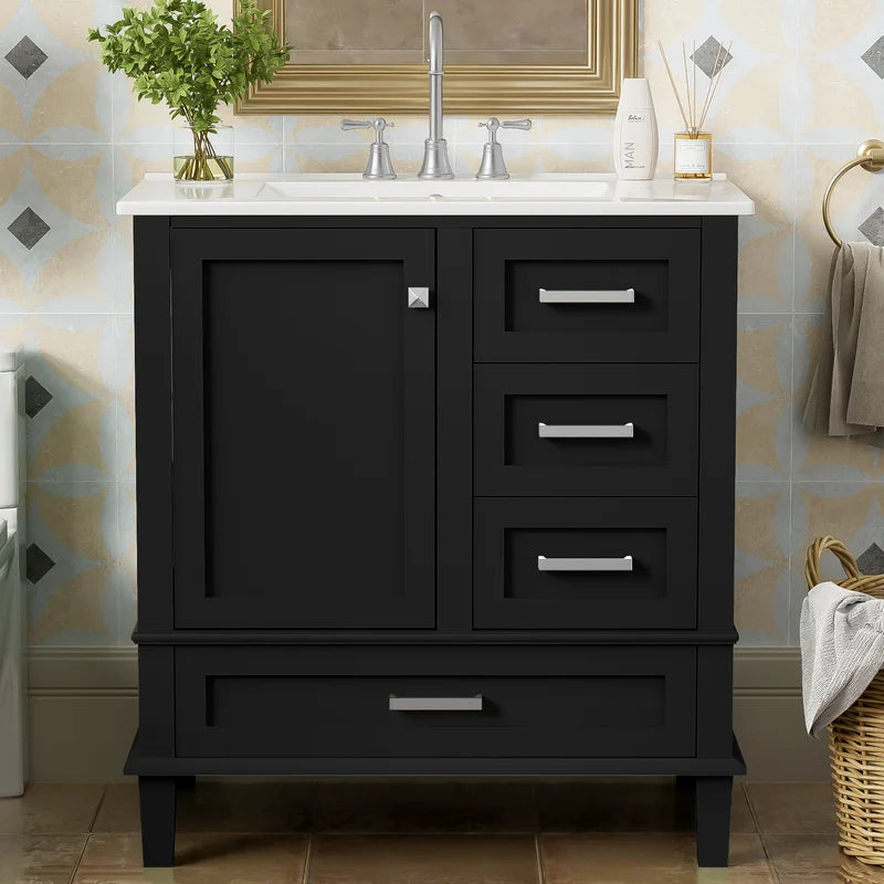 Bellemave 30" Bathroom Vanity with Sink, Cabinet with Sink Combo Set with Top, Bathroom Storage Cabinet with 3 Drawers and 1 Soft Closing Door, 30 Inch Vanity with Sink for Bathroom（White）