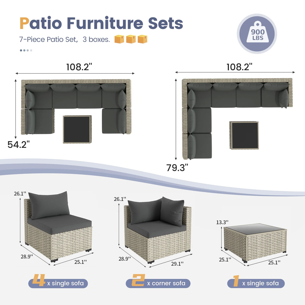 UDPATIO 7 Pieces Outdoor Patio Furniture Set, Outdoor Wicker Patio Conversation Set with Cushions for Backyard, Porch, Garden(Haze Blue)