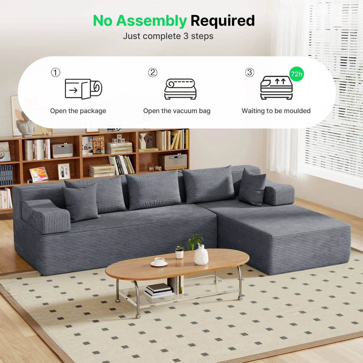Behost 105" Modular Sectional Sofa for Living Room, Boneless L Shaped Cloud Couch with Chaise, Gray