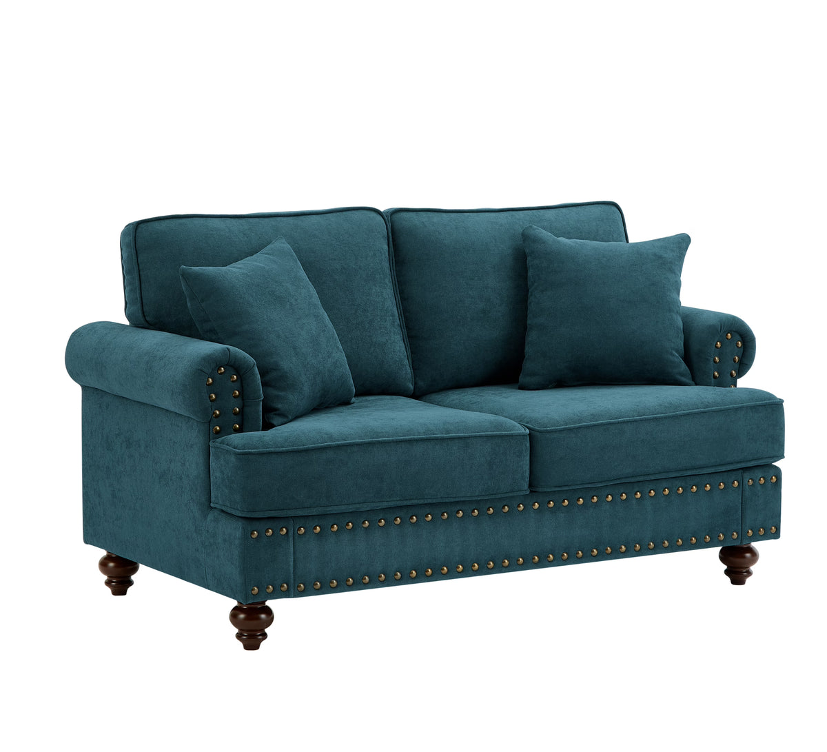 Modern Chenille Upholstered Sofa Couch with Nailhead Trim Rolled Arms Pillows