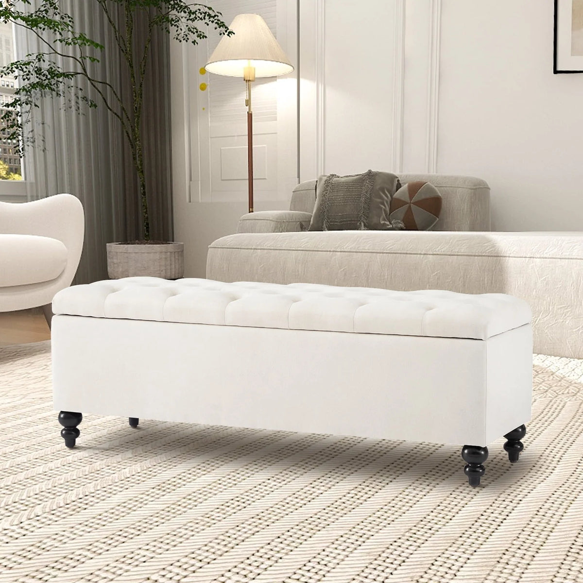 GERICCO 50.2 Inches Ottoman with Storage,Storage Ottoman Bench with Button-Tufted, Bedroom Bench Safety Hinge Ottoman in Upholstered Fabrics, Large Storage Bench for Bedroom, Living Room(Ivory)