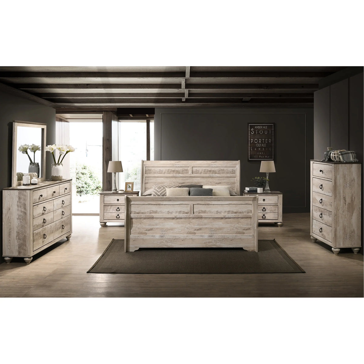 King Size Bedroom Furniture - Bed, Dresser, Mirror, Nightstands, Chest Rustic White Wash Style Urban