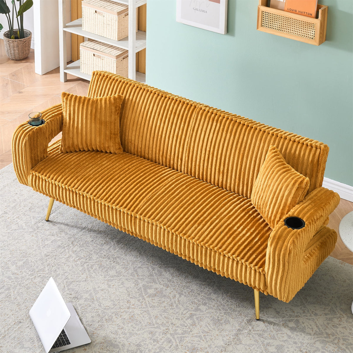 Aukfa Corduroy Futon Convertible Sofa Bed, Beige