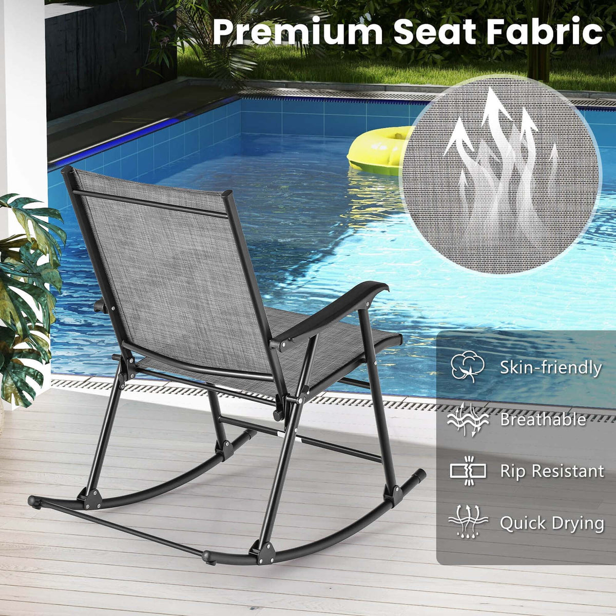Costway 2pcs Patio Folding Rocking Chair Heavy-Duty Metal Frame Rockers Outdoor Brown