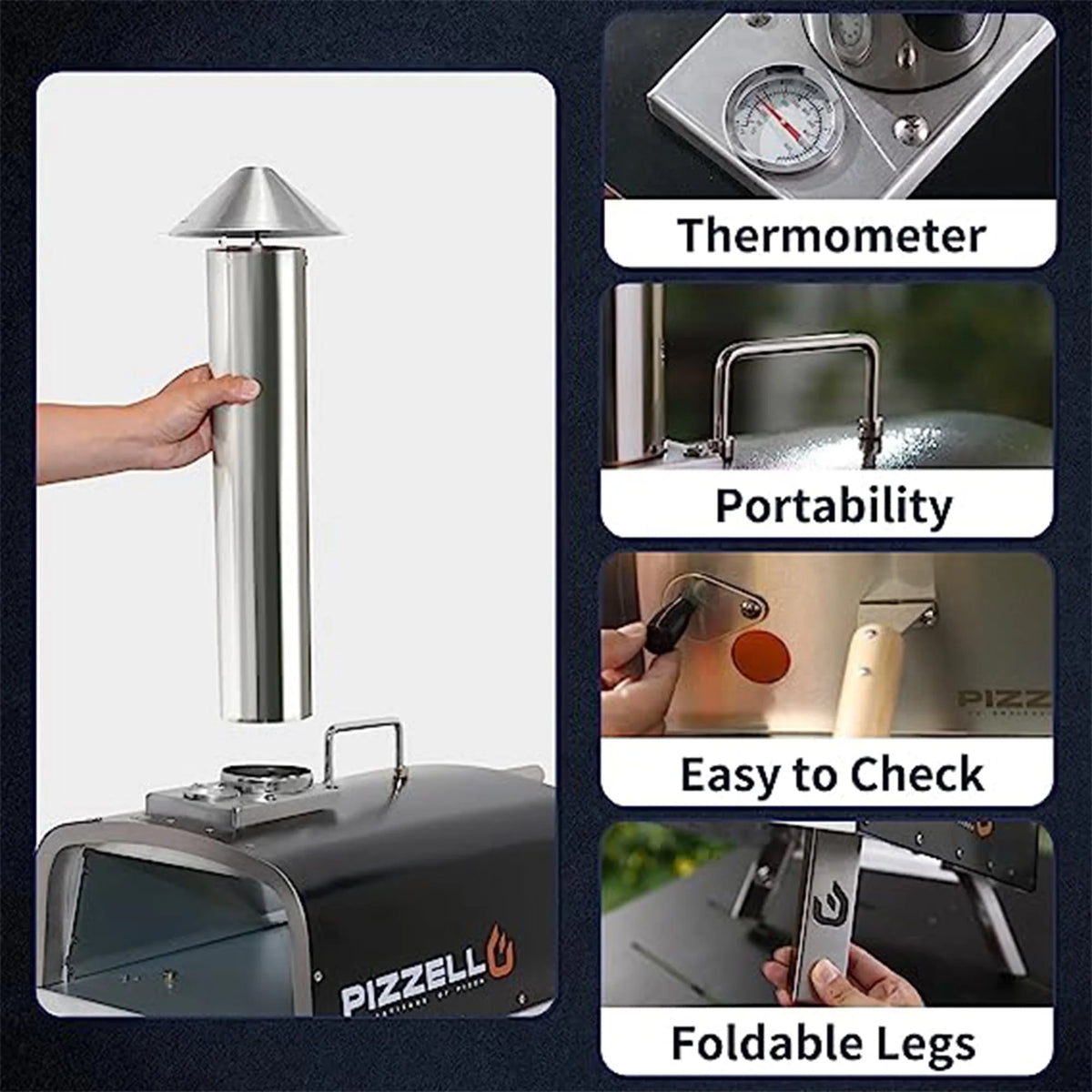 PIZZELLO Pellet Pizza Oven 12" Outdoor Wood Fired Pizza Ovens with Pizza Stone, Pizza Peel, Fold-up Legs, Cover, Thermometer, Chimney - Black