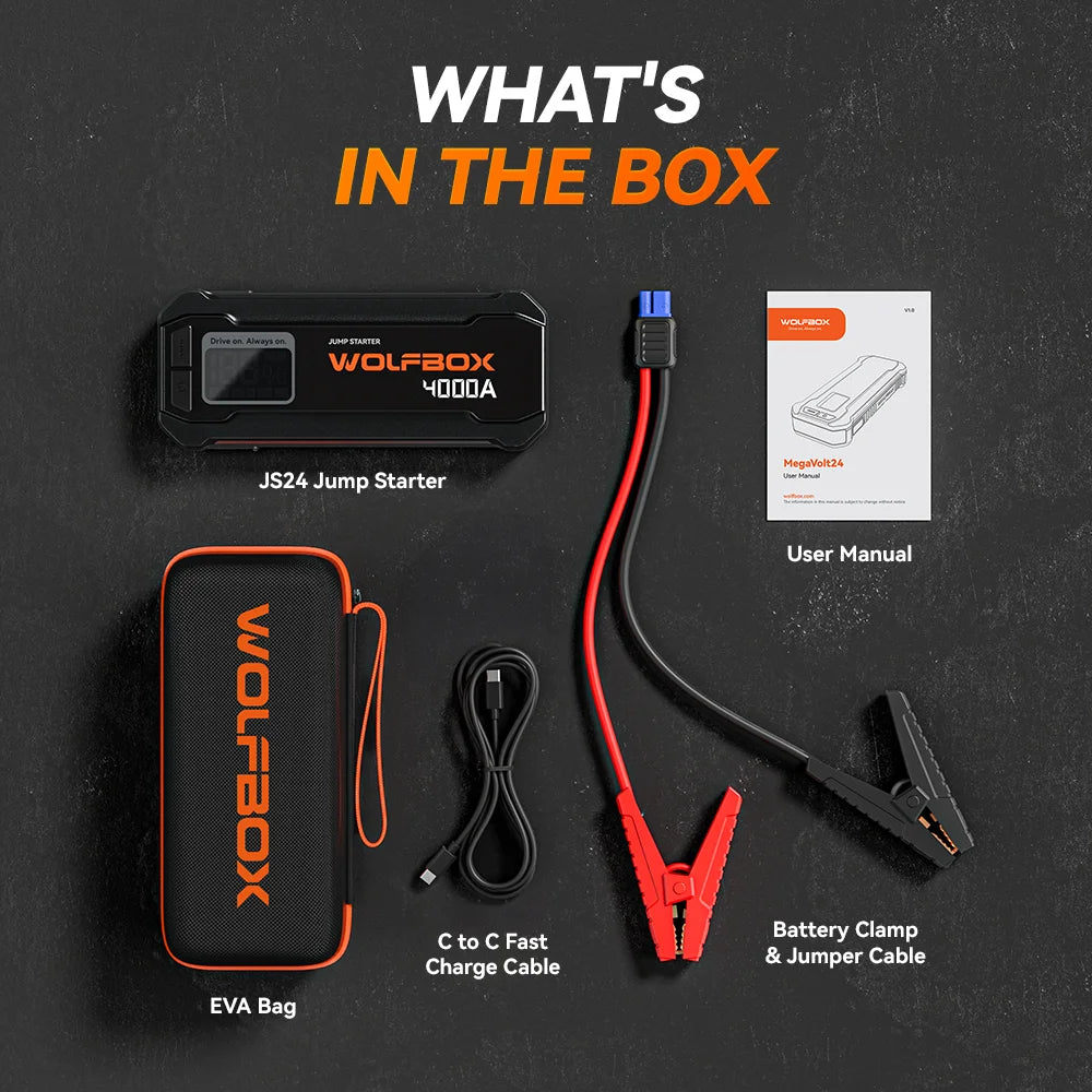 WolfBox 4000A Car Battery Jump Starter, Portable Jump Starter Battery Pack, Battery Booster, Jump Box and Jumper Cables for 10L Gasoline and 10L Diesel Engines, Black