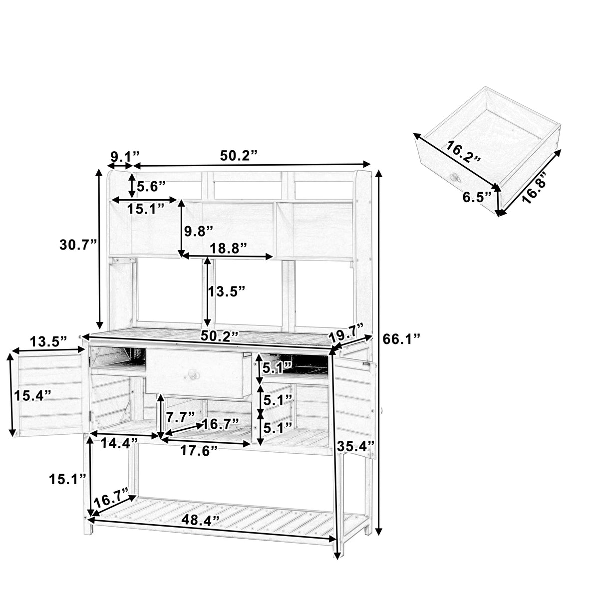 [Assembly Video Available] Topmax Solid Fir Wood Potting Bench Garden Workstation with Hutch, Drawer & Adjustable Shelves, 50.2x19.7x66.1 Inch Outdoor Garden Work Table for Backyard Planting,White