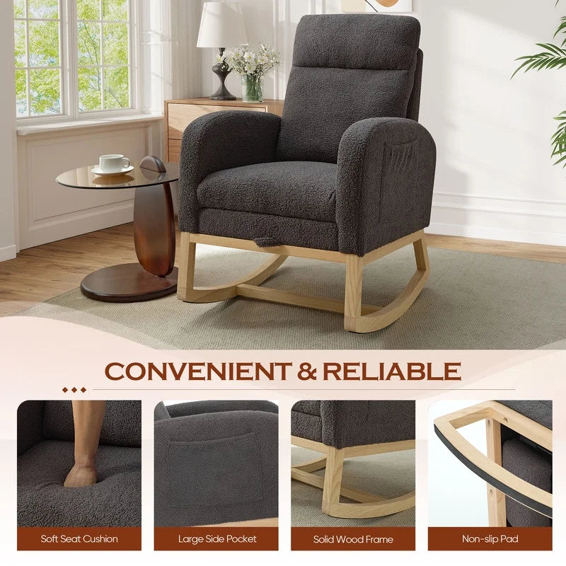 FFH Rocking Chair Nursery, Tufted Accent Rocker Chair, Upholstered Armchair with Adjustable Footrest, Side Pocket, High Backrest, Padded Seat, Polyester Blend (Retro, Dark Gray)