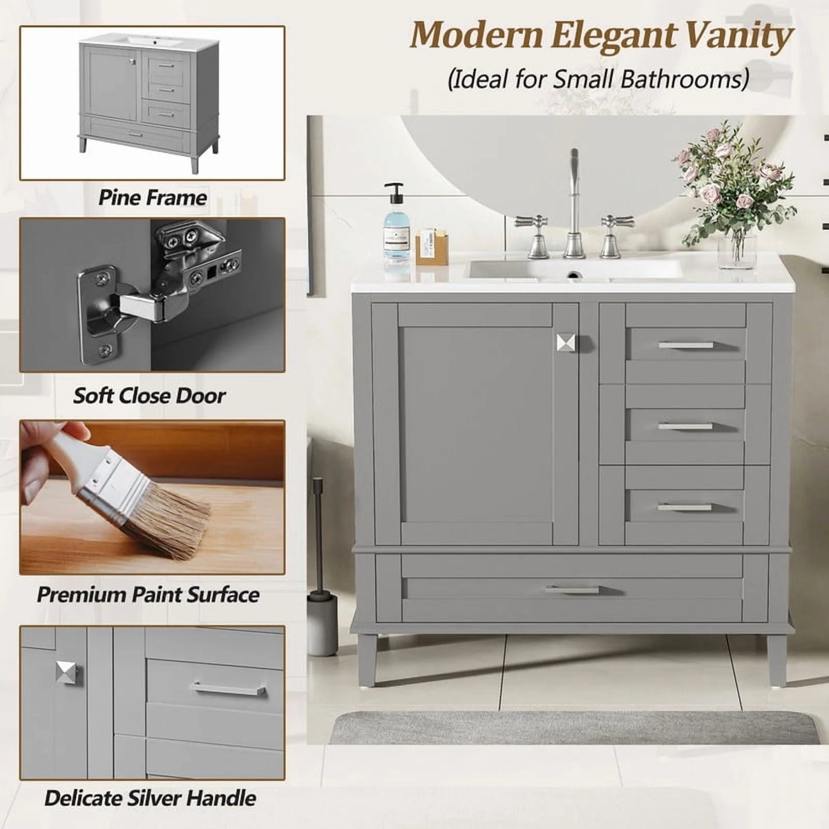 Bellemave 30" Bathroom Vanity with Sink, Cabinet with Sink Combo Set with Top, Bathroom Storage Cabinet with 3 Drawers and 1 Soft Closing Door, 30 Inch Vanity with Sink for Bathroom（White）