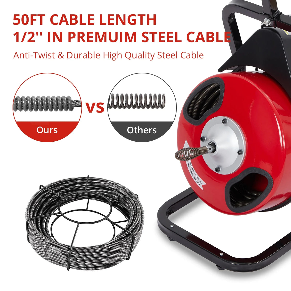 Roromall Drain Cleaner Machine 50FT/75FT/100FT x 3/8-inch/1/2-inch Sewer Auger Electric Drain Auger Sewer Snake with 4 Cutter, Air-Activated Foot Switch, Gloves