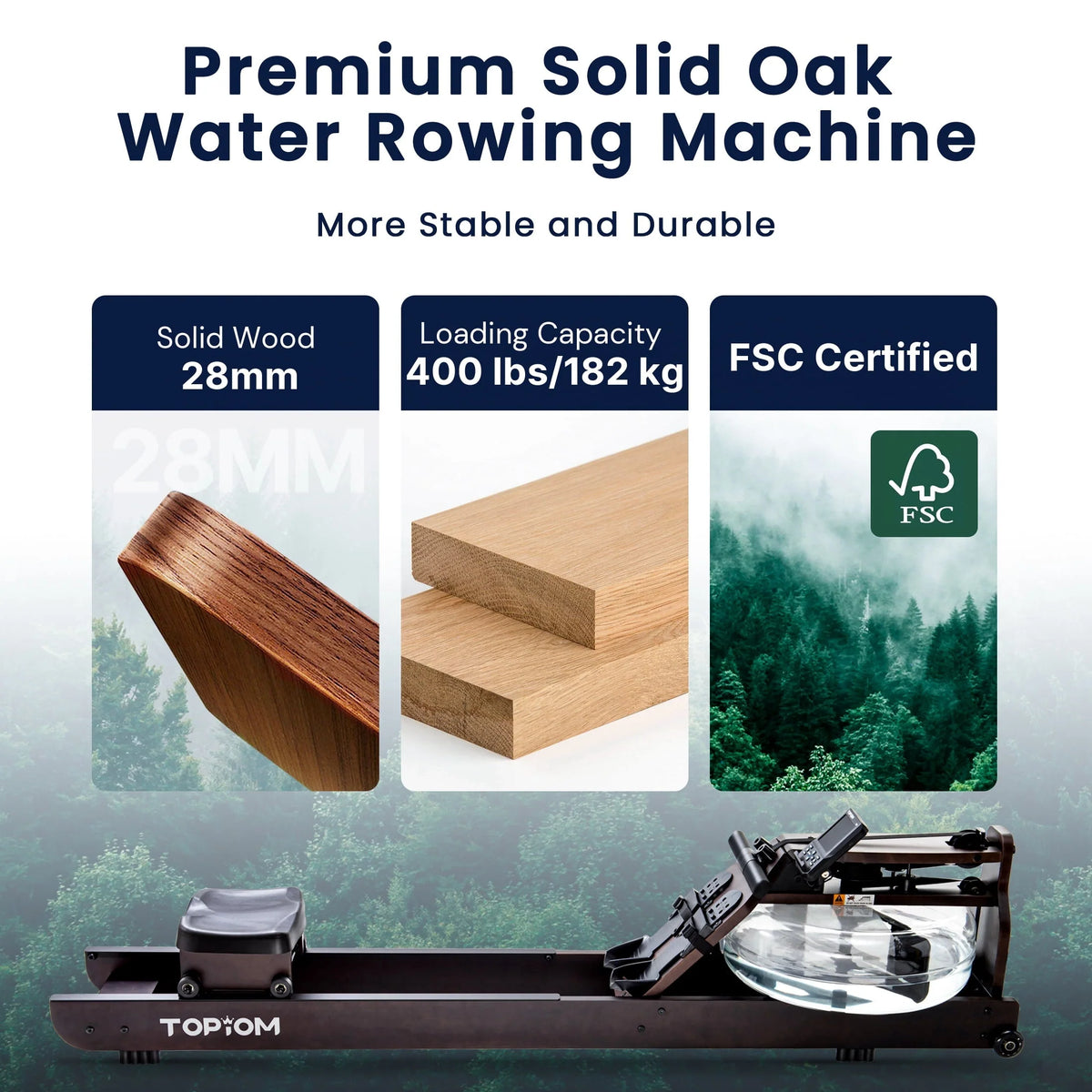 Topiom Water Rowing Machine with TM-3 Performance Monitor Bluetooth Connected 400 lbs Max Load