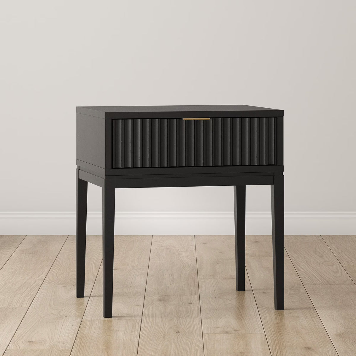 Nathan James Jasper 1-Drawer Boho Side Table, Solid Wood Bedroom Nightstand or Bedside Table with Drawer, Fluted Doors and Brass Handles, Black