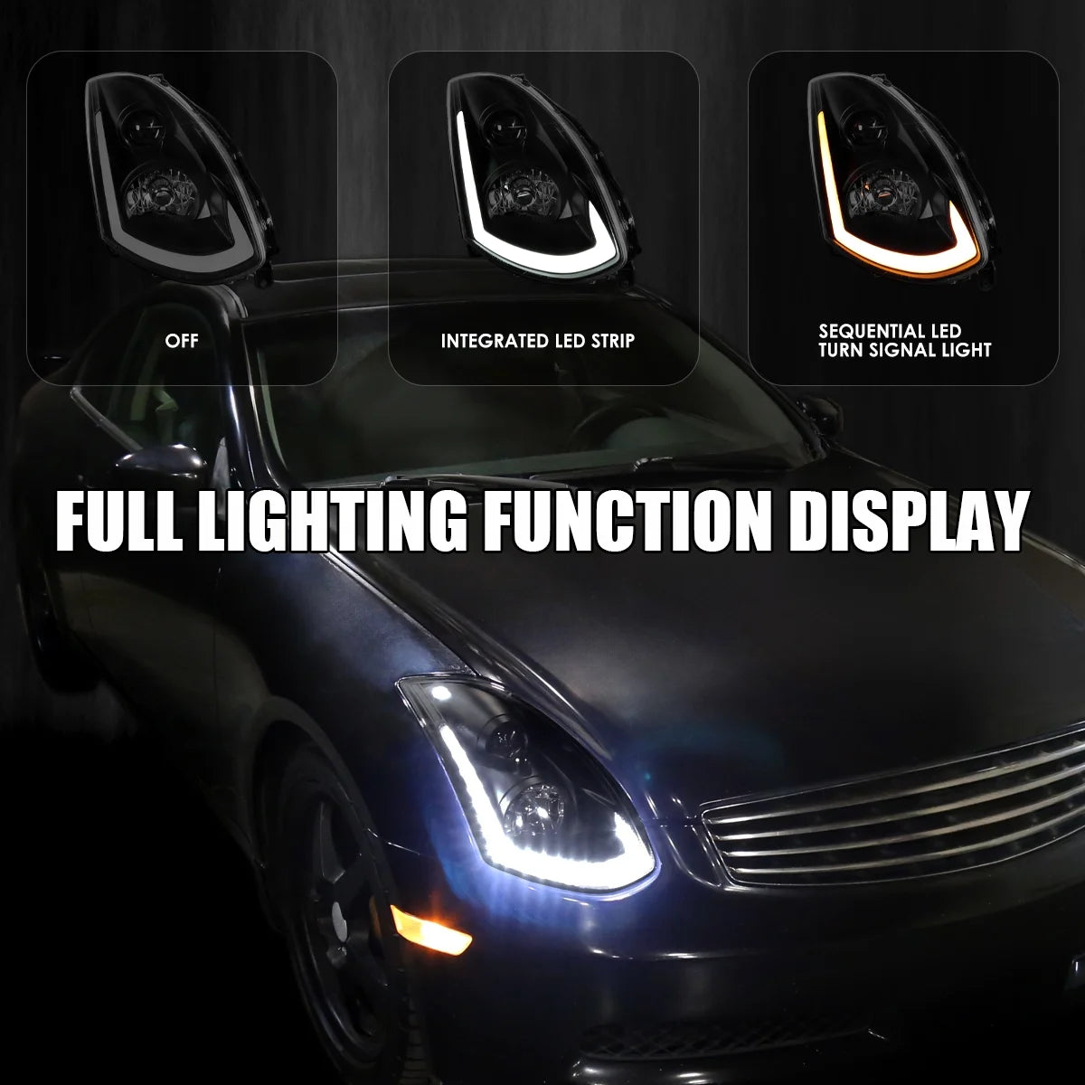Spec-D Tuning Smoke Projector Headlights w/ Sequential LED Strip Compatible with 2003-2007 Infiniti G35 Coupe, Left + Right Pair Headlamps Assembly
