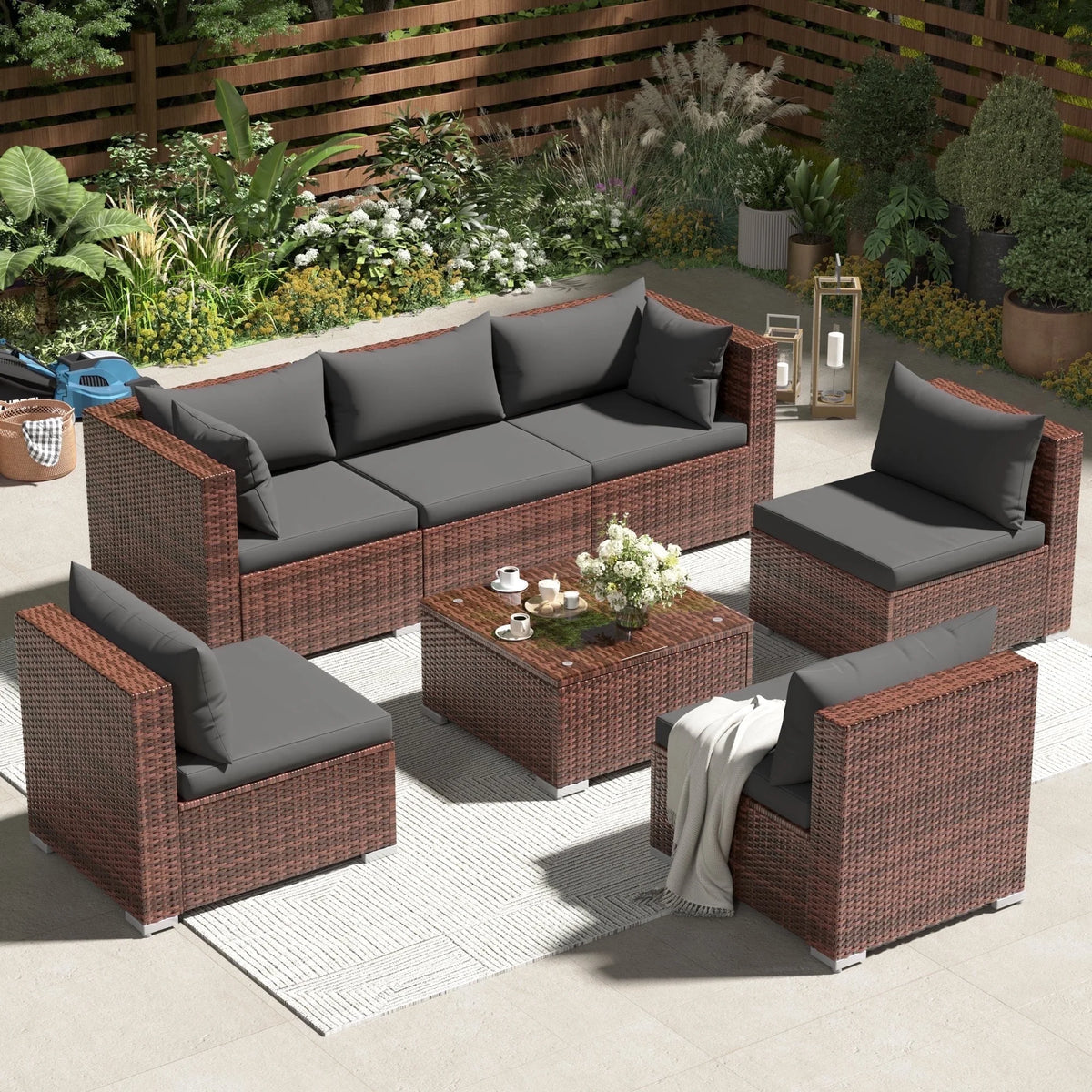 Techmilly Patio Furniture Sets, Modular Rattan Outdoor Patio Sectional Furniture Sofa Set, Wicker Patio Conversation Set for Backyard,7PCS