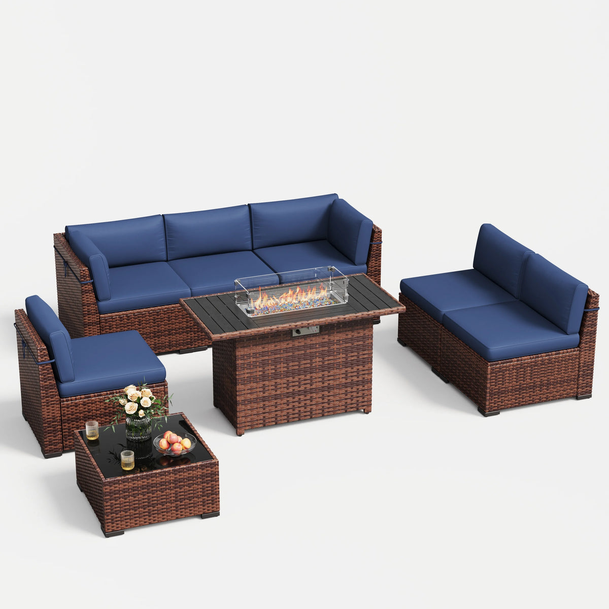 MRUAKA 8 Pieces Patio Furniture Set with Fire Pit Table, Outdoor Furniture Sectional Rattan Sofa with Slanted Back, Patio Couch with Glass Coffee Table for Backyard Garden (Dark Grey)