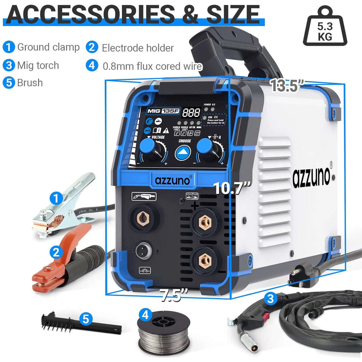 AZZUNO 135A MIG Welder 110V Flux MIG/Lift TIG/Stick 3 in1 IGBT Welding Machine