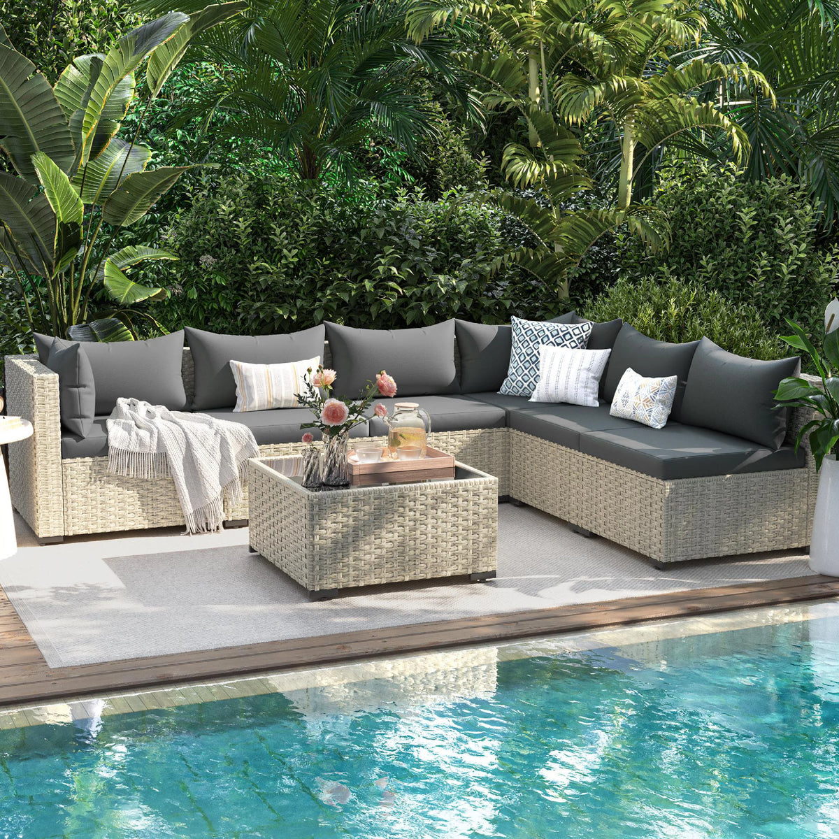 UDPATIO 7 Pieces Outdoor Patio Furniture Set, Outdoor Wicker Patio Conversation Set with Cushions for Backyard, Porch, Garden(Haze Blue)