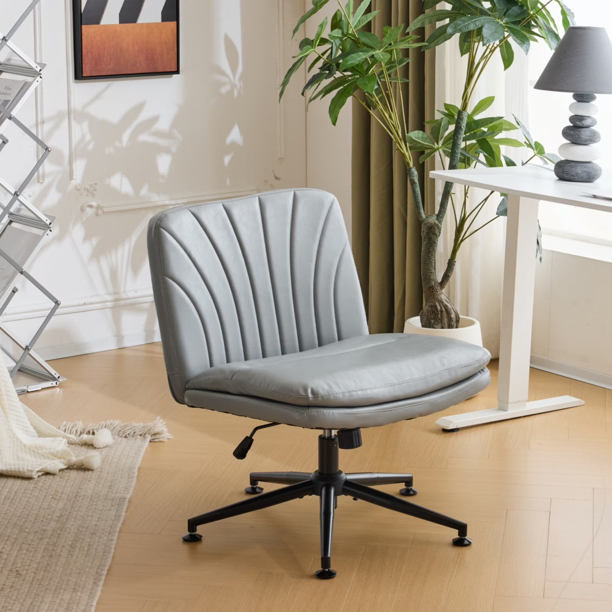 Ktaxon Armless Office Chair Swivel Study Chair Adjustable Desk Chair with Criss Cross Legs and Wheels for Conference and Home Faux Leather Gray