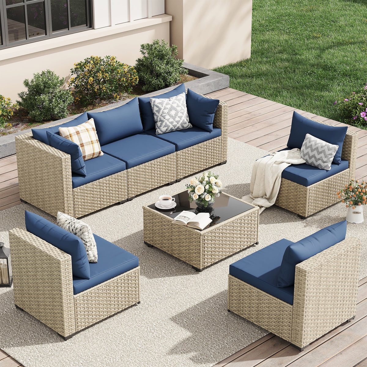 UDPATIO 7 Pieces Outdoor Patio Furniture Set, Outdoor Wicker Patio Conversation Set with Cushions for Backyard, Porch, Garden(Haze Blue)