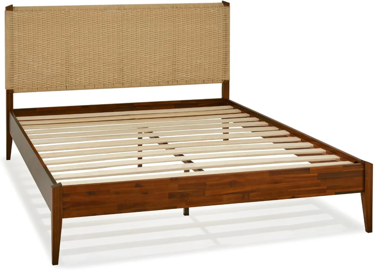 Selina Wood Platform Bed Frame - Handcrafted Paper Cord Unique Headboard - No Box Spring Needed - 12 Strong Wood Slats Support - Easy Assembly - King, Caramel