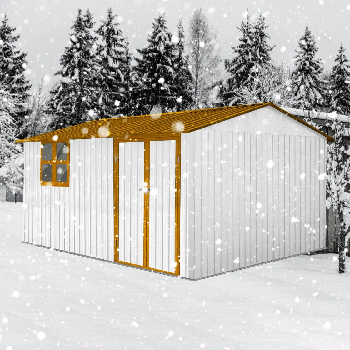 10x12 FT Outdoor Storage Shed, Metal Garden Tool Shed with Vents, Window and Bulit-in Hooks, Waterproof  Organization for Home/Backyard/Garden Tools/Lawn Storage, Yellow+White