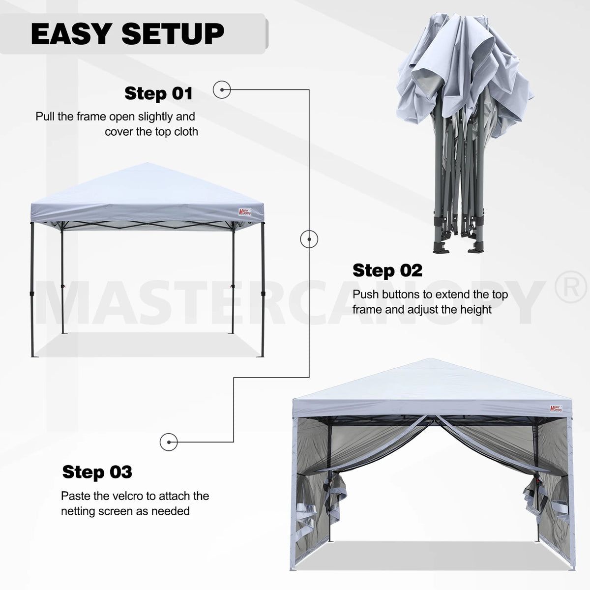 MASTERCANOPY 8' x 8' Pop-up Canopy Tent Outdoor Screen House Shelter with Mesh Walls, White