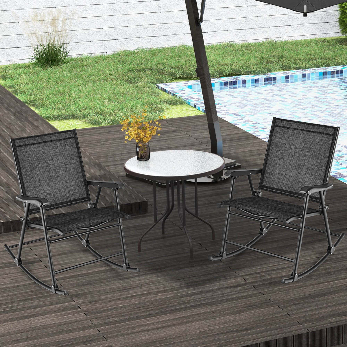 Costway 2pcs Patio Folding Rocking Chair Heavy-Duty Metal Frame Rockers Outdoor Brown