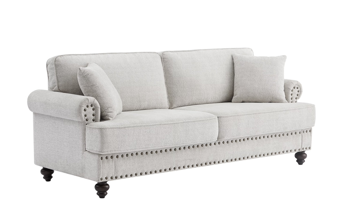 Modern Chenille Upholstered Sofa Couch with Nailhead Trim Rolled Arms Pillows