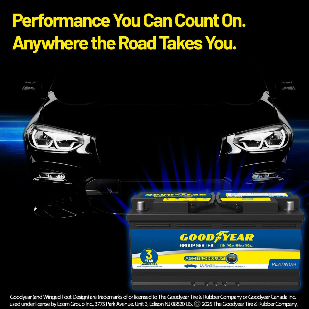 Goodyear 95R-H9-AGM BCI Group Size 95R 12V 100 AH, 190RC, 950 CCA Platinum series Rechargeable AGM Maintenance Free Automotive Battery