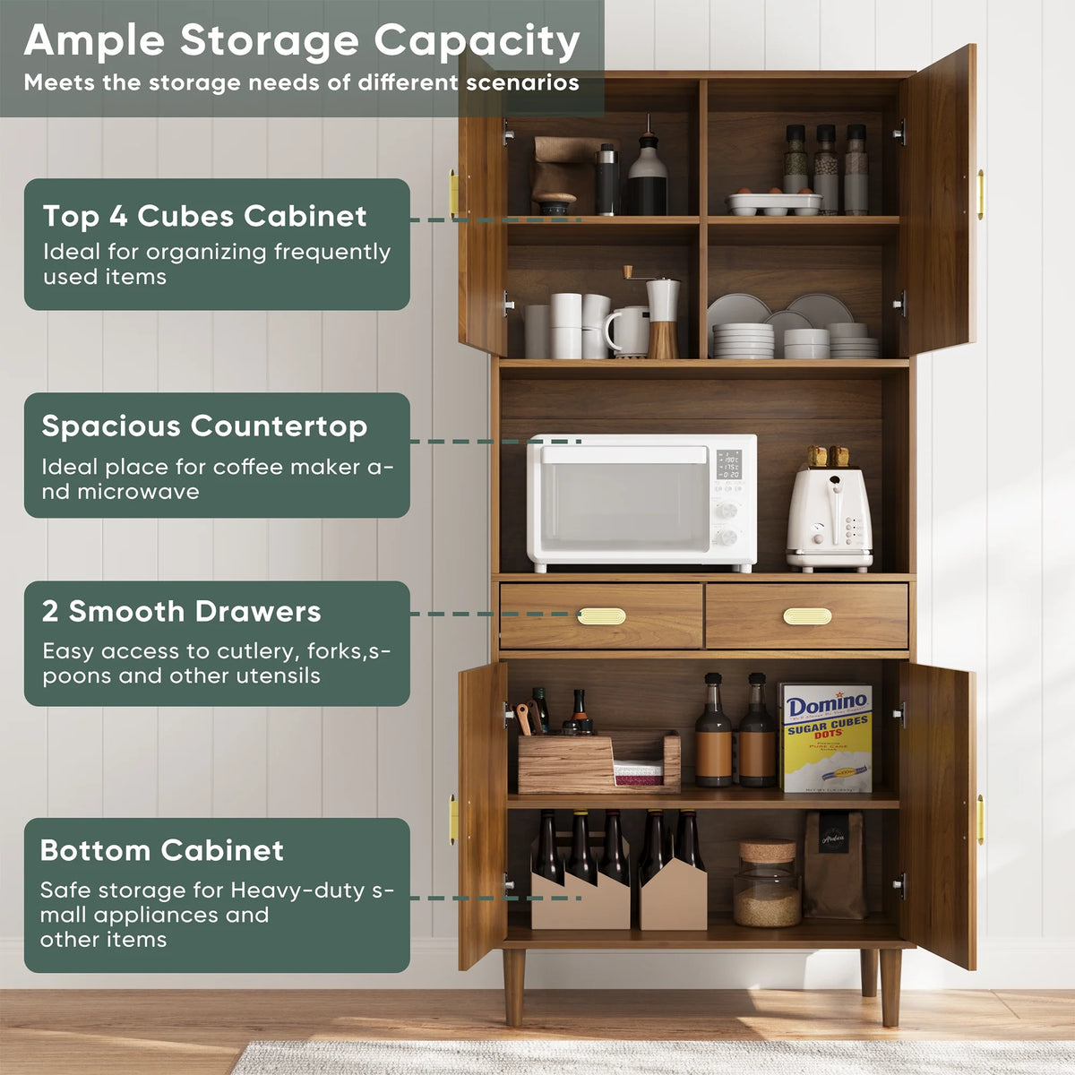 Smart FENDEE 76.77" Pantry Cabinet Kitchen Hutch Cabinet with Microwave Stand for Dining Room,Walnut