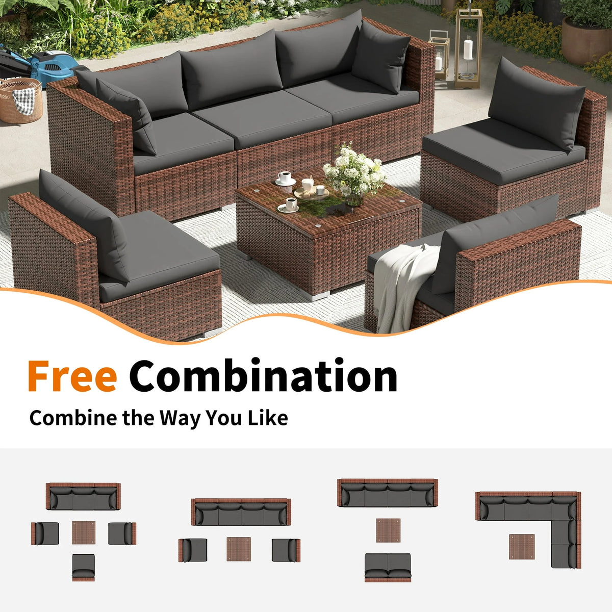 Techmilly Patio Furniture Sets, Modular Rattan Outdoor Patio Sectional Furniture Sofa Set, Wicker Patio Conversation Set for Backyard,7PCS