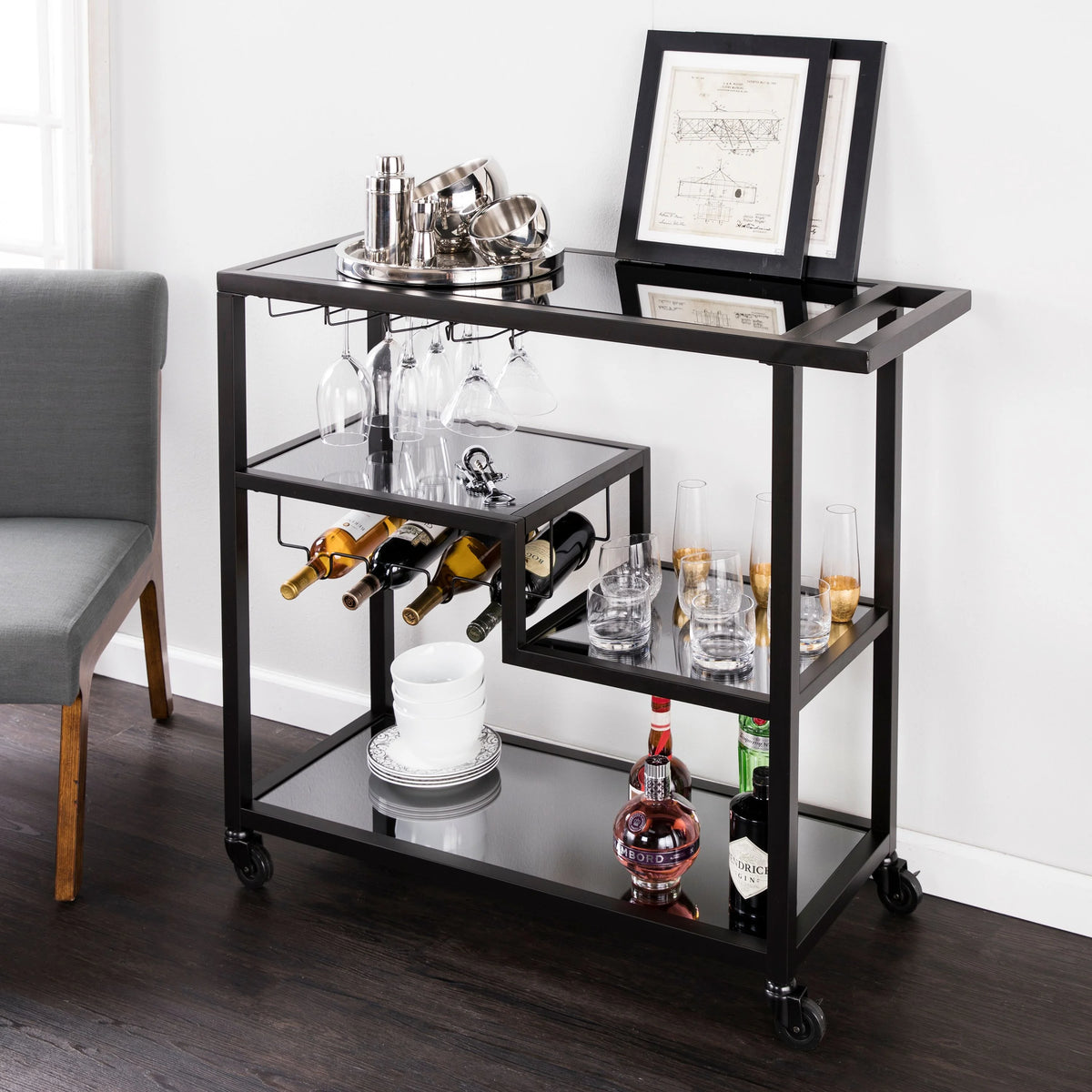 Holly & Martin Zephs indoor Bar Cart - Gunmetal Gray with Black Glass 40 x 37.5