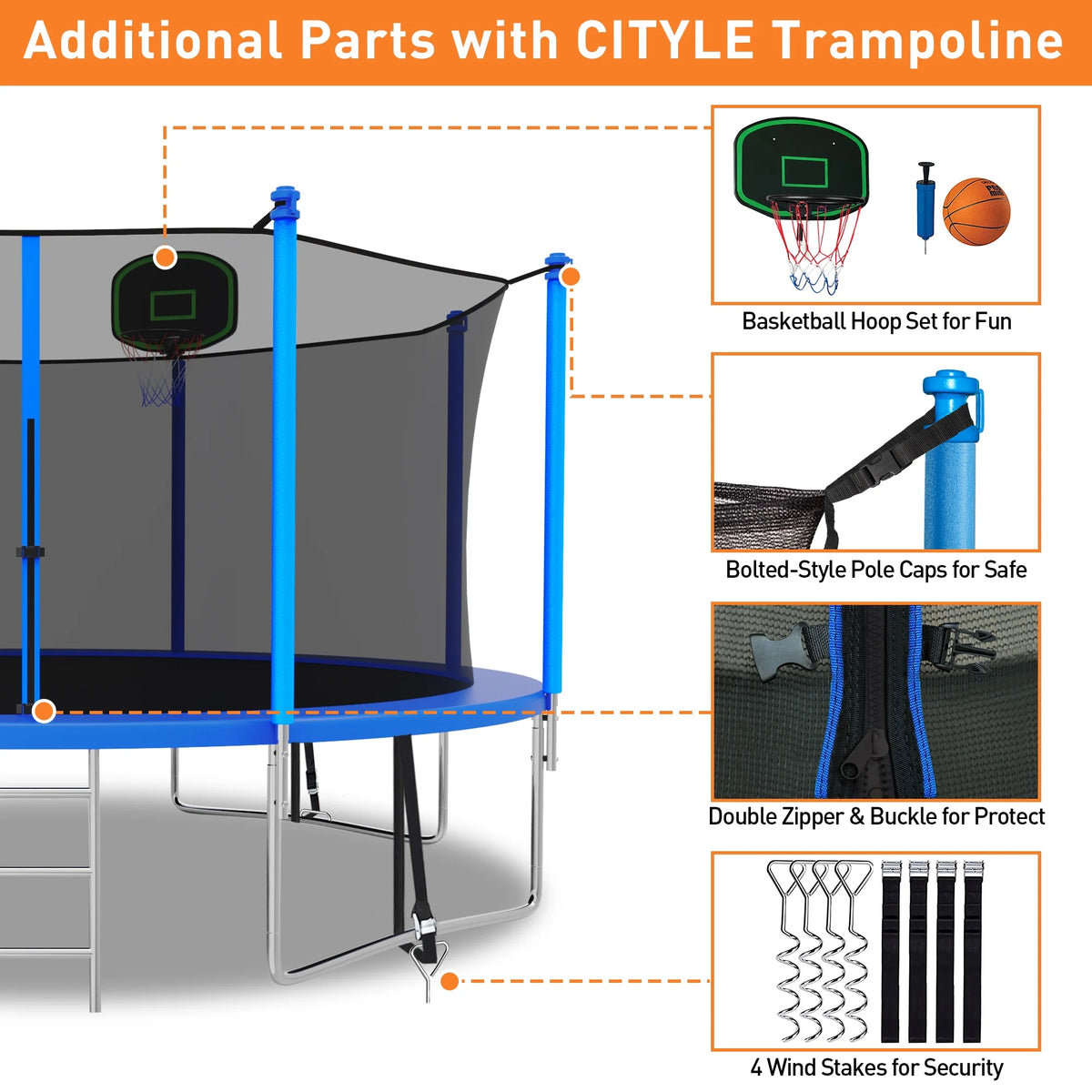 CITYLE Trampoline 12FT Trampoline with Enclosure for Adults and Kids, 1200LBS Trampolines with Basketball Hoop, Outdoor Trampoline with Lights, Last Long