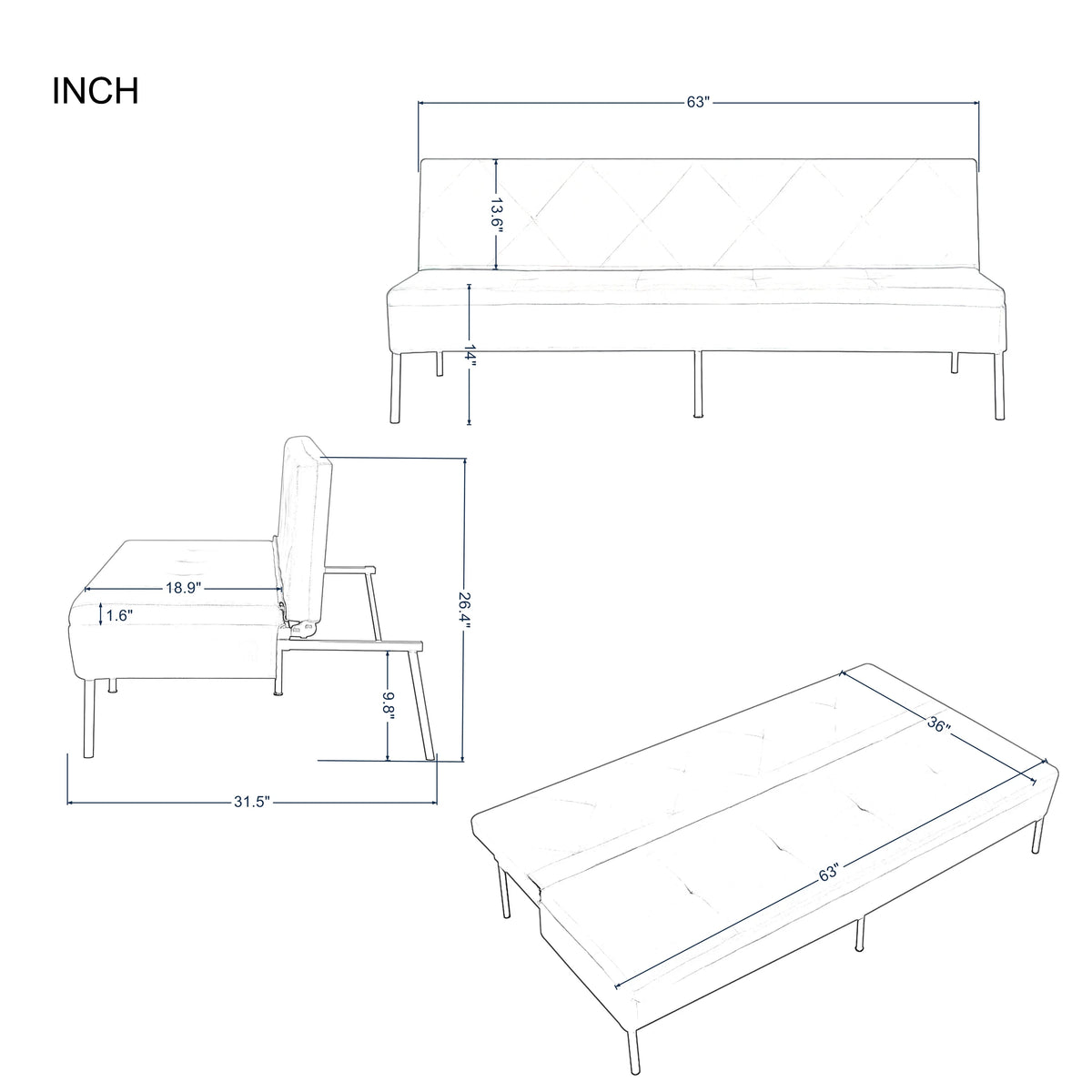 BSHTI 63Futon Sofa Bed,Upholstered with Polyester Fabric Convertible Sofa Couch for Living Room,Office(Black)