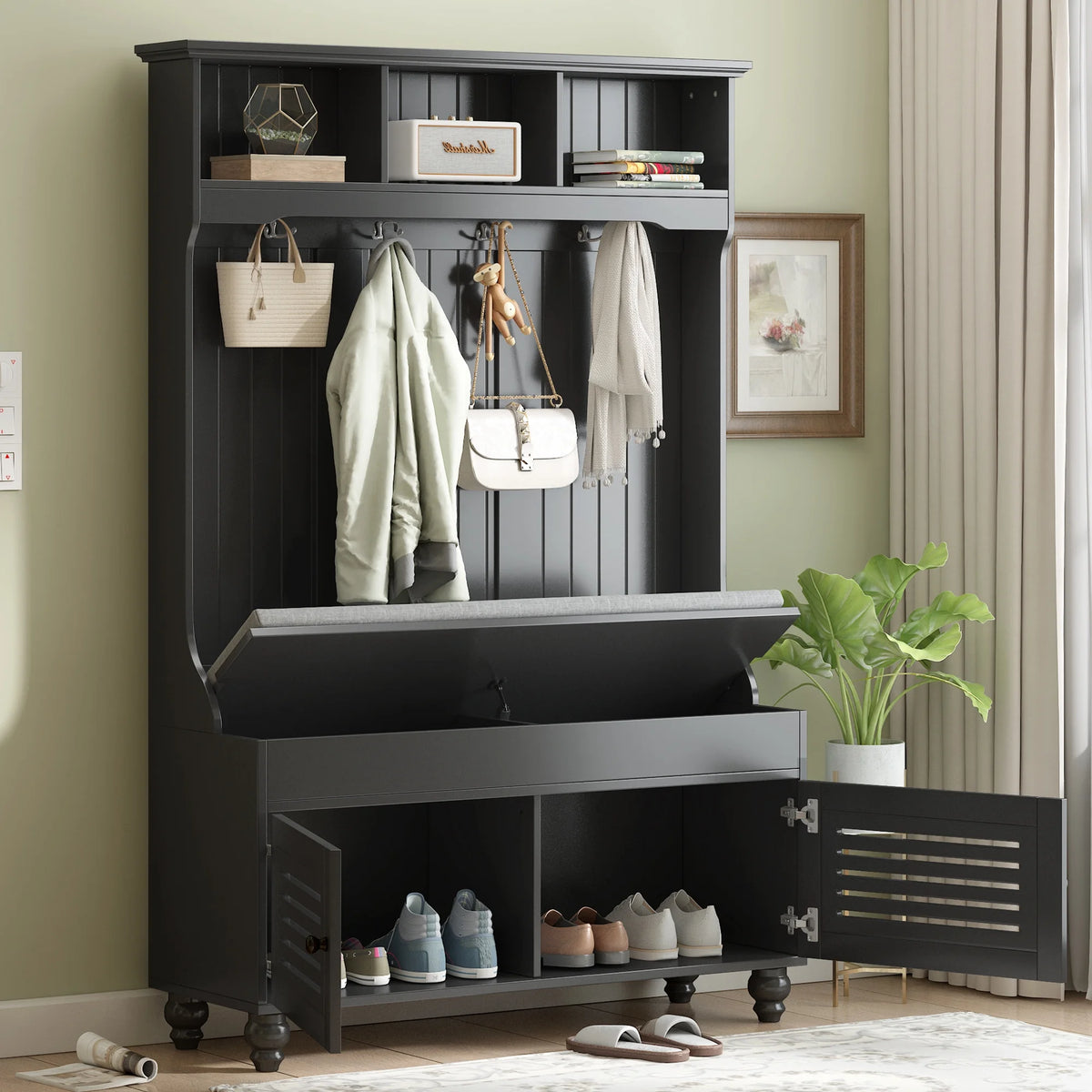 Royard Oaktree Hall Tree w/Bench, Cushion, and Shutter Cabinet Doors, Hallway Coat Rack with 4 Hooks