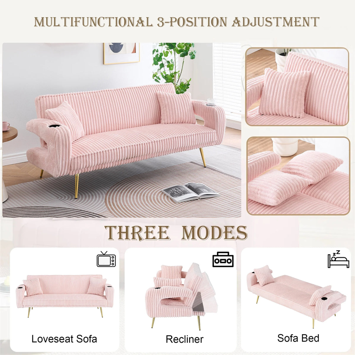 Aukfa Corduroy Futon Convertible Sofa Bed, Beige