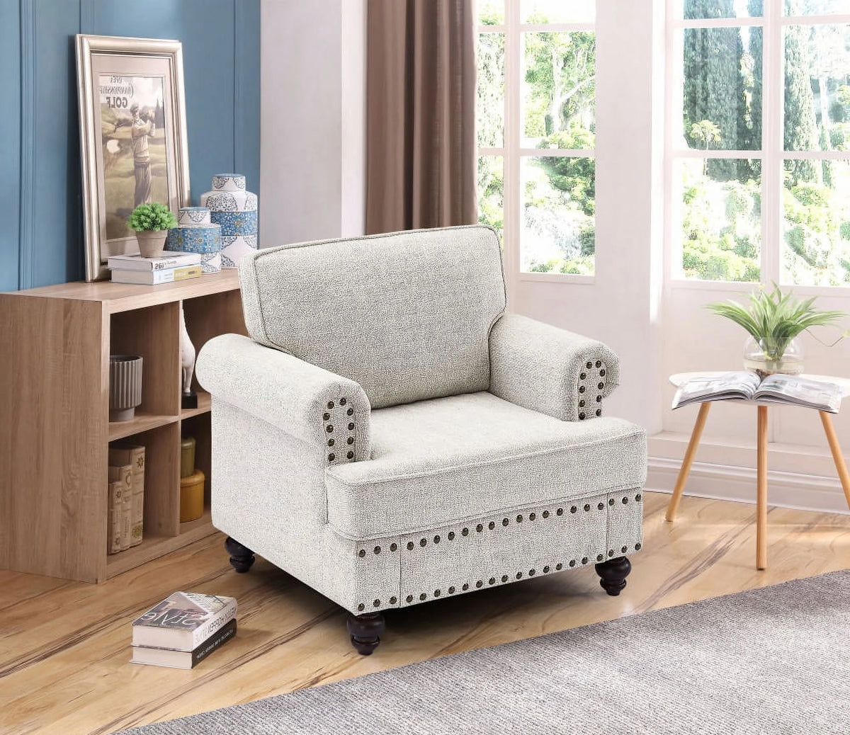 Modern Chenille Upholstered Sofa Couch with Nailhead Trim Rolled Arms Pillows