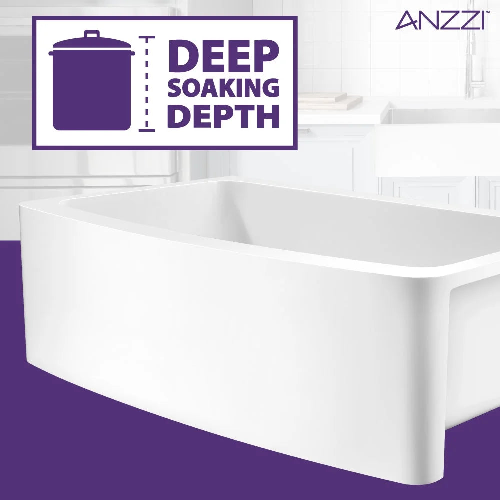 ANZZI Mesa Farmhouse Solid Surface 33 in. Kitchen Sink with Strainer in Matte White