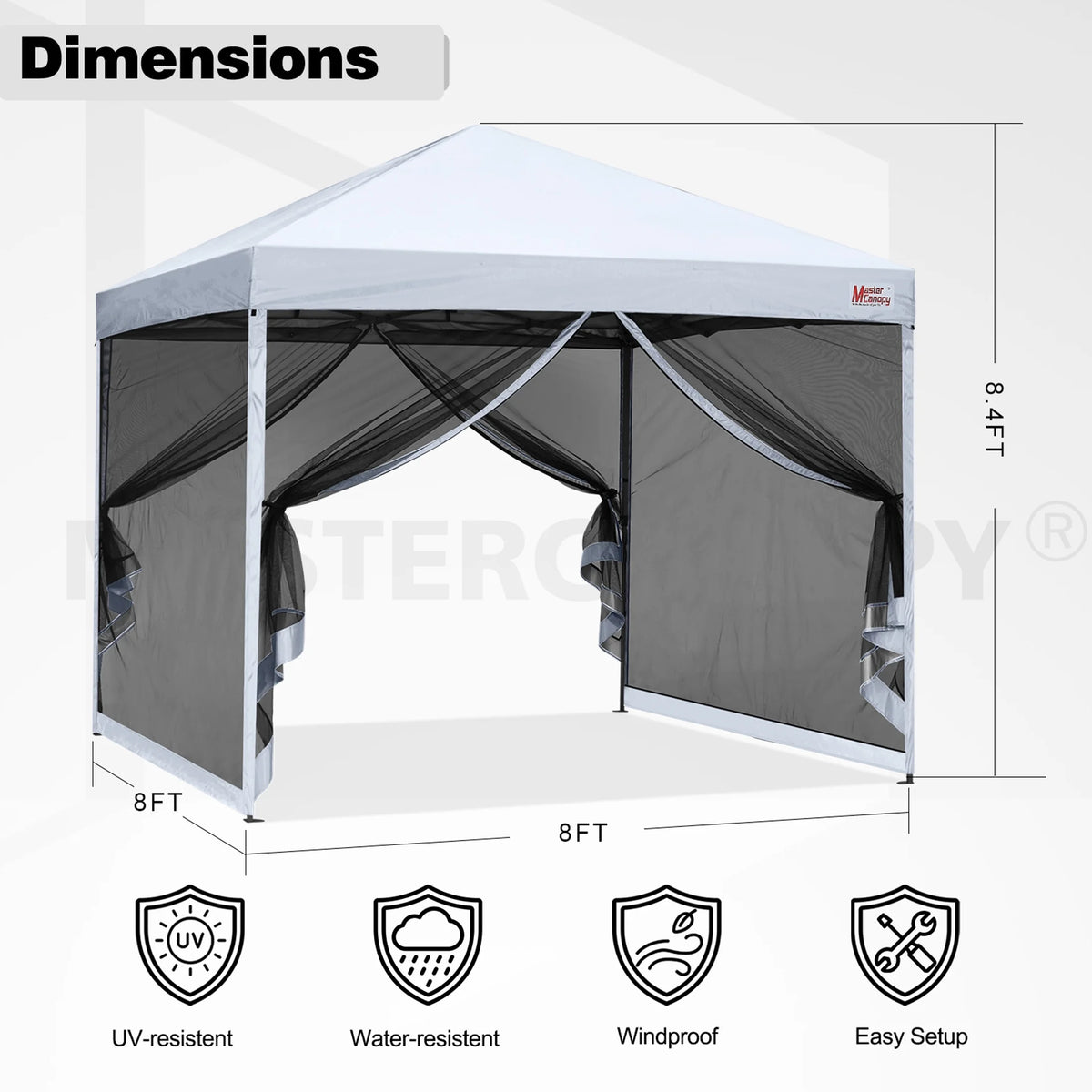 MASTERCANOPY 8' x 8' Pop-up Canopy Tent Outdoor Screen House Shelter with Mesh Walls, White