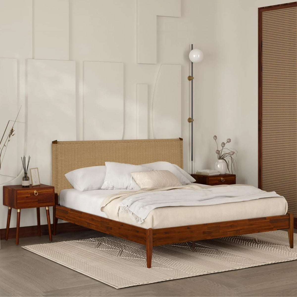 Selina Wood Platform Bed Frame - Handcrafted Paper Cord Unique Headboard - No Box Spring Needed - 12 Strong Wood Slats Support - Easy Assembly - King, Caramel