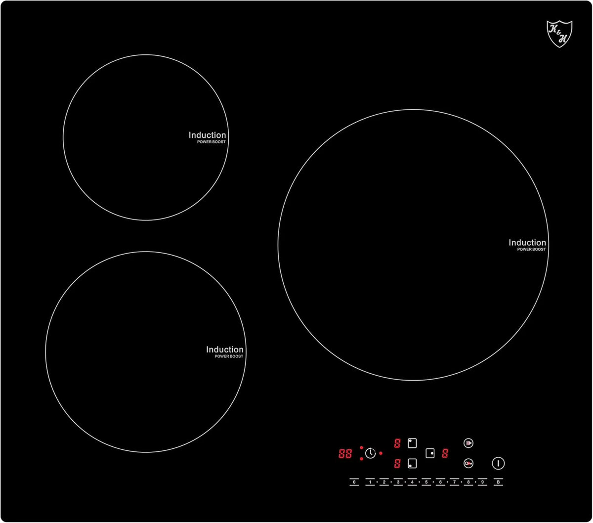 K&H 3 Burner 24 Inch Built-in Induction Electric Stove Top Ceramic Cooktop Touch Control 240V 6000W IN24-6803TB