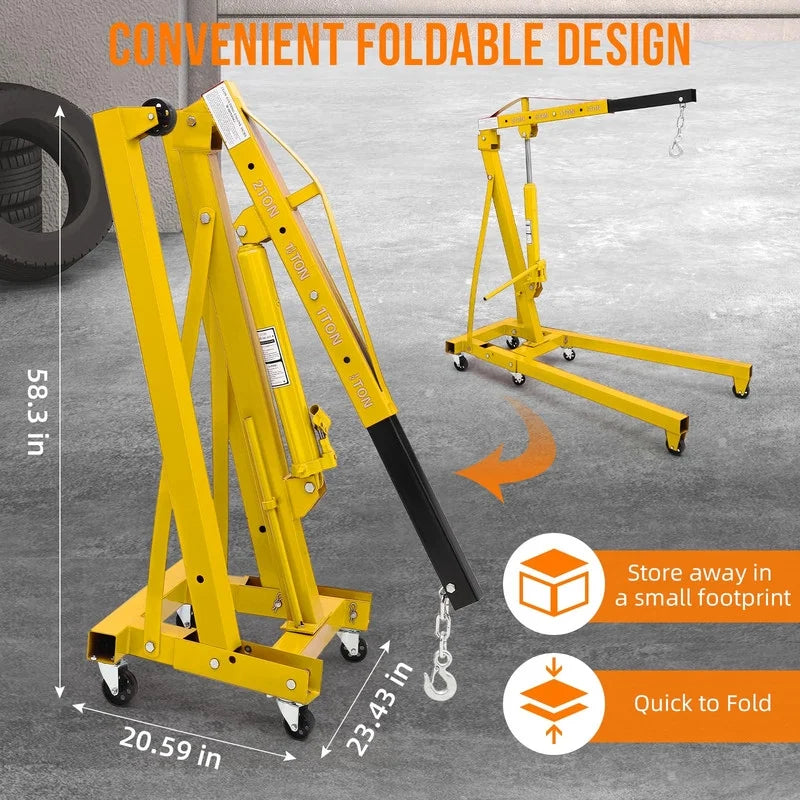Towallmark 2 Ton Hydraulic Engine Hoist, Shop Crane, Cherry Picker with Telescoping Boom and 6 Casters for Garage Workshop Automotive Repair, Yellow