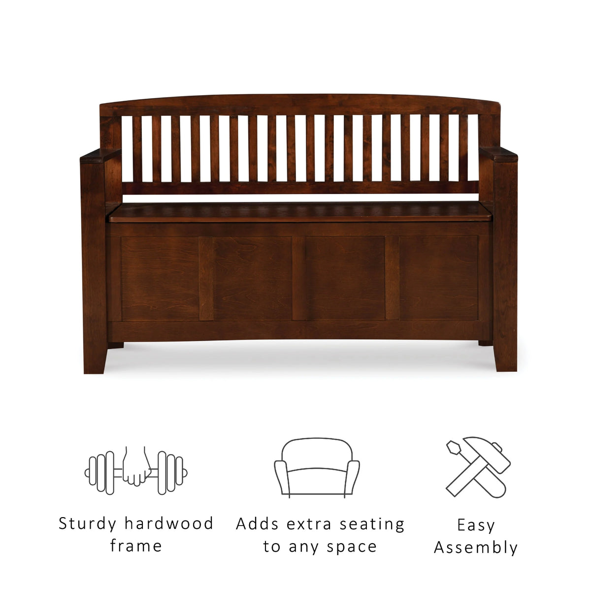 Linon 50" Cynthia Slat Back Walnut Storage Bench with Armrests