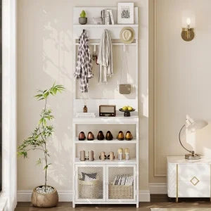 Hall Tree with Doors White 72.8in Coat Rack Shoe Storage Narrow Coat Tree Shoe Shelf Organizer with 7 Hooks for Entryway Bedroom and Mudroom