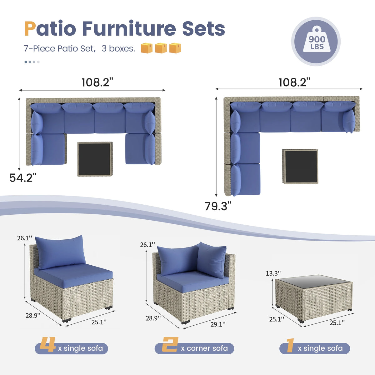 UDPATIO 7 Pieces Outdoor Patio Furniture Set, Outdoor Wicker Patio Conversation Set with Cushions for Backyard, Porch, Garden(Haze Blue)